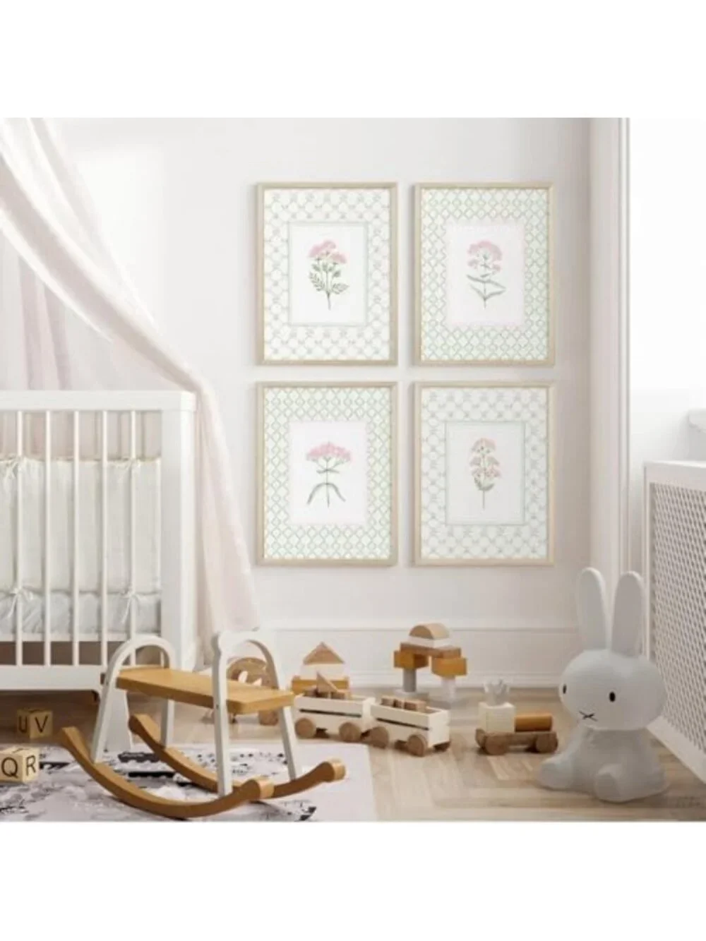 Floral Nursery Wall Art - Wildflower Canvas Decor for Baby Room, Pink & Green